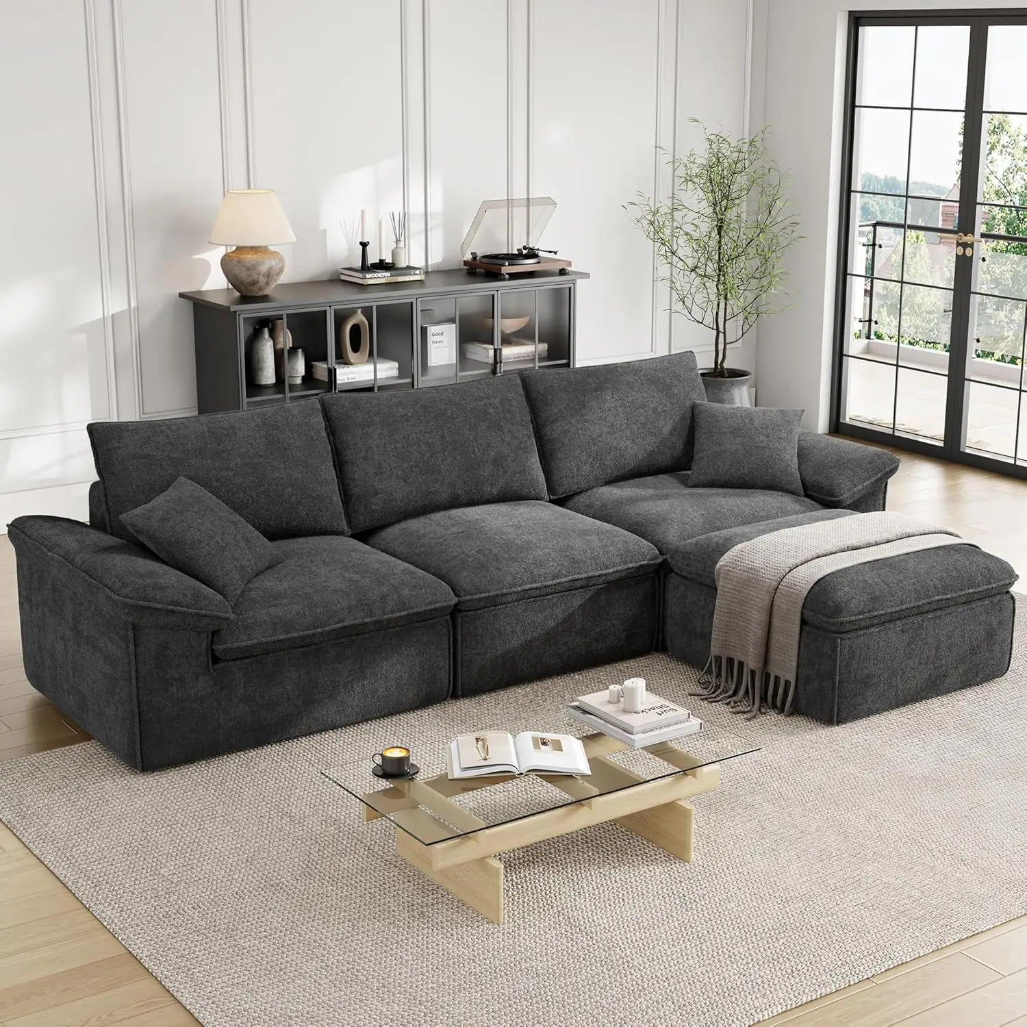 

120" L-Shaped Modular Sectional Sofa, Cloud Sectional Couch with Deep Seat,Oversized 3-Seater with Ottoman, Dark Grey