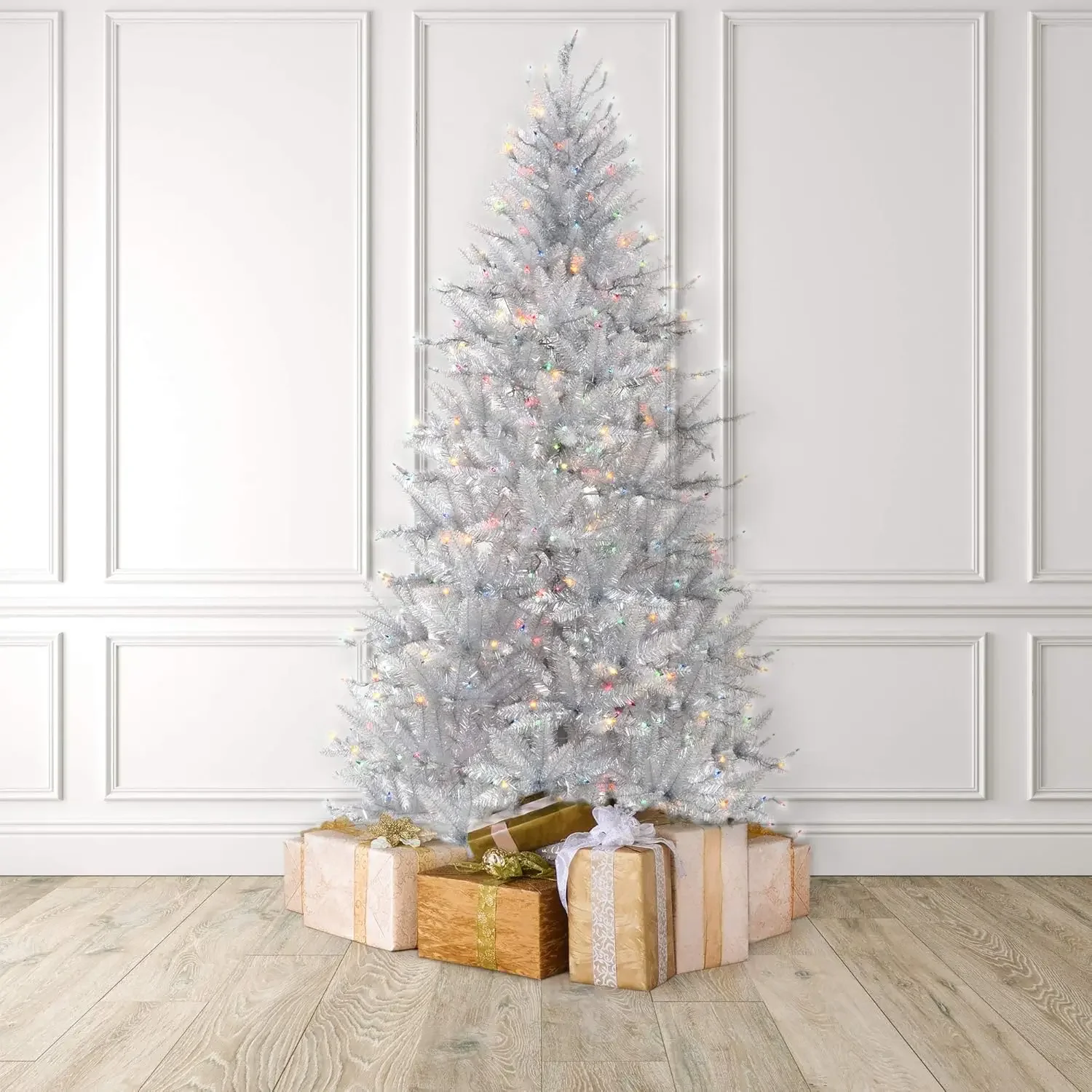 

Stunning 7 ft Tinsel Pre-Lit Artificial Christmas Tree with Silver and Colored Lights