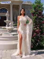 Exquisite One Shoulder Bride Robe Shiny Sequins Pearl Wedding Dress Sexy Illusion Feathers Bridal Gown Customized Robe De Mariée