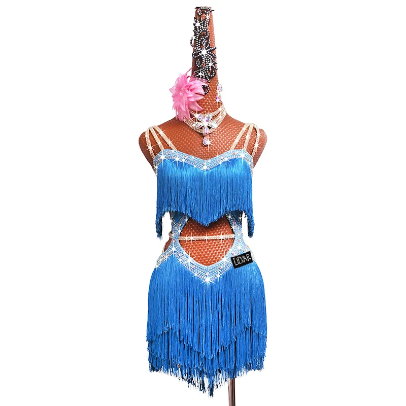 New professional Latin dance competition performance dress with sea blue tassel short open waist sparkling diamond dance skirt