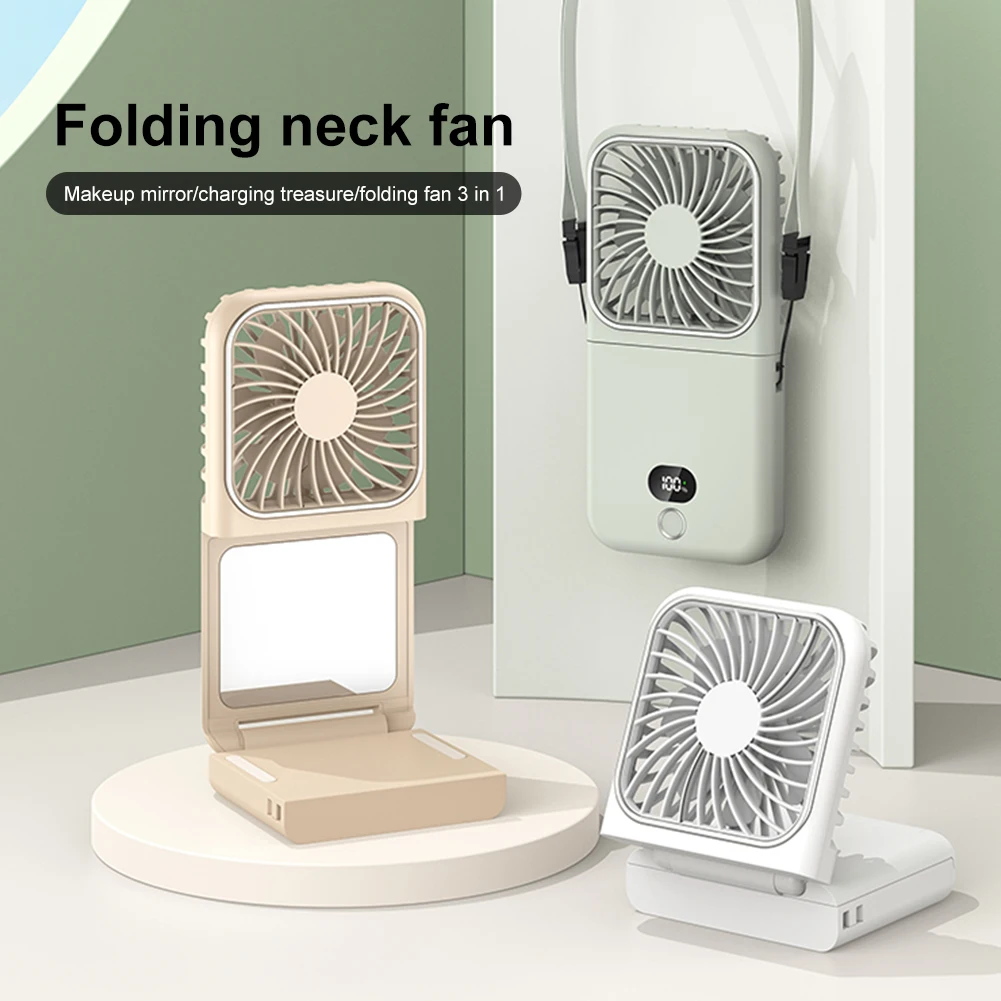 3-in-1 Outdoor Folding Fan with Makeup Mirror Desktop Electric Fan 5 Speeds Foldable Personal Fan Power Bank for Outdoor Travel
