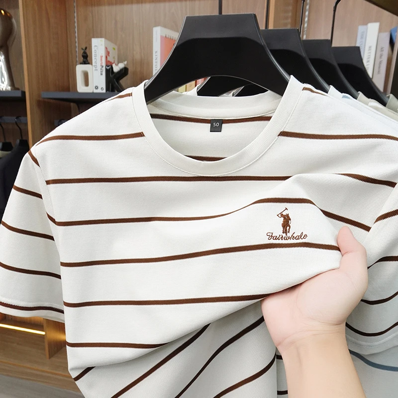 Summer Men's Striped Short Sleeved T-shirt with Round Neck Embroidery, High-end Versatile and Skin Friendly T-shirt Trend