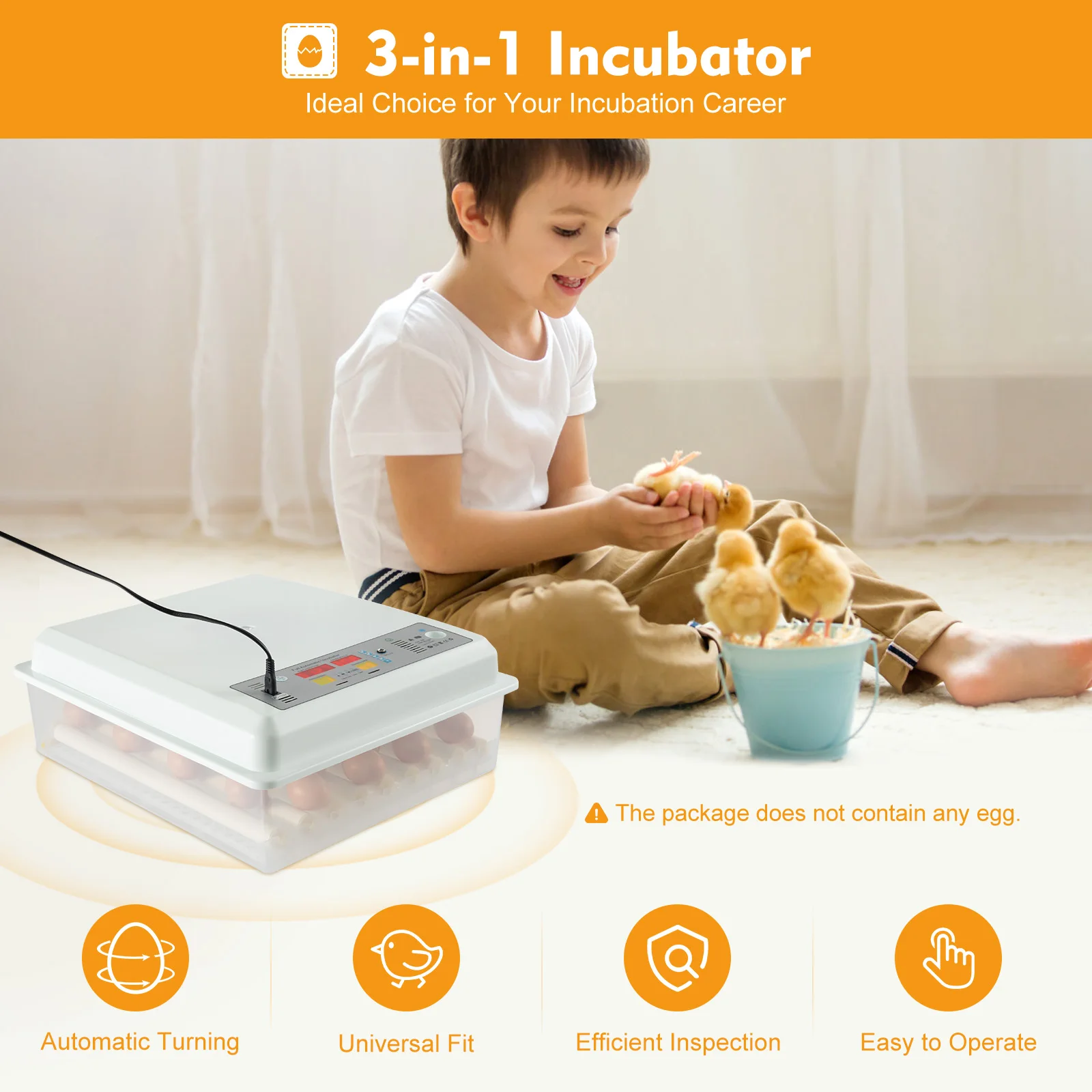 

64-Egg Incubator, Automatic Egg Turning & Temperature Control, Digital Display, Double Power Supply Household Incubator, 110V