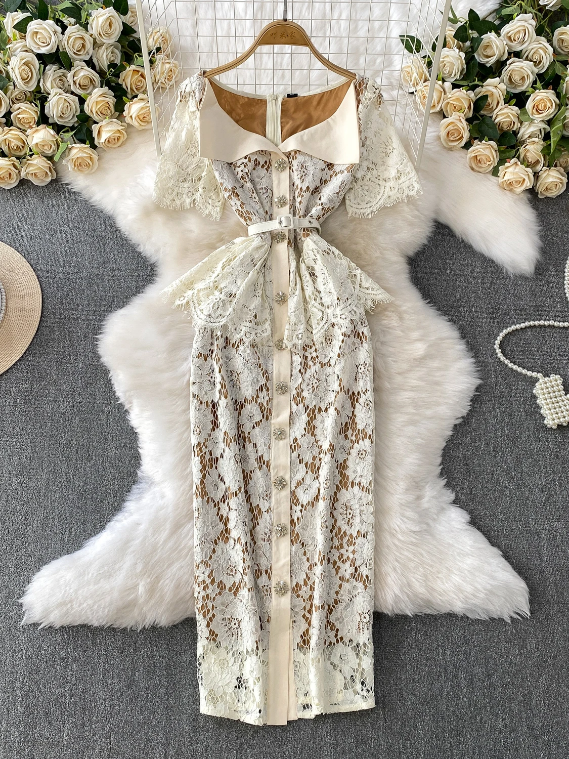 

Ele Lace Trim ift Dr Women's Summer Single Button Slim Fit High Waist Dr Korean Sle Commute High Quali Fabric