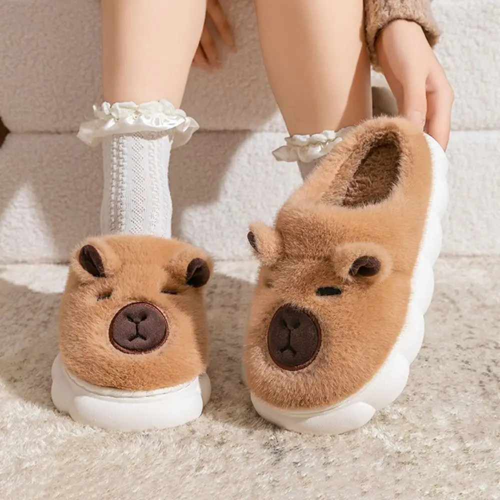 Houseshoes Winter Capybara Plush Slippers Soft Thicken Warm Cartoon Furry Slippers Cute Anti-slip Warmer Home Cotton Shoes Gifts