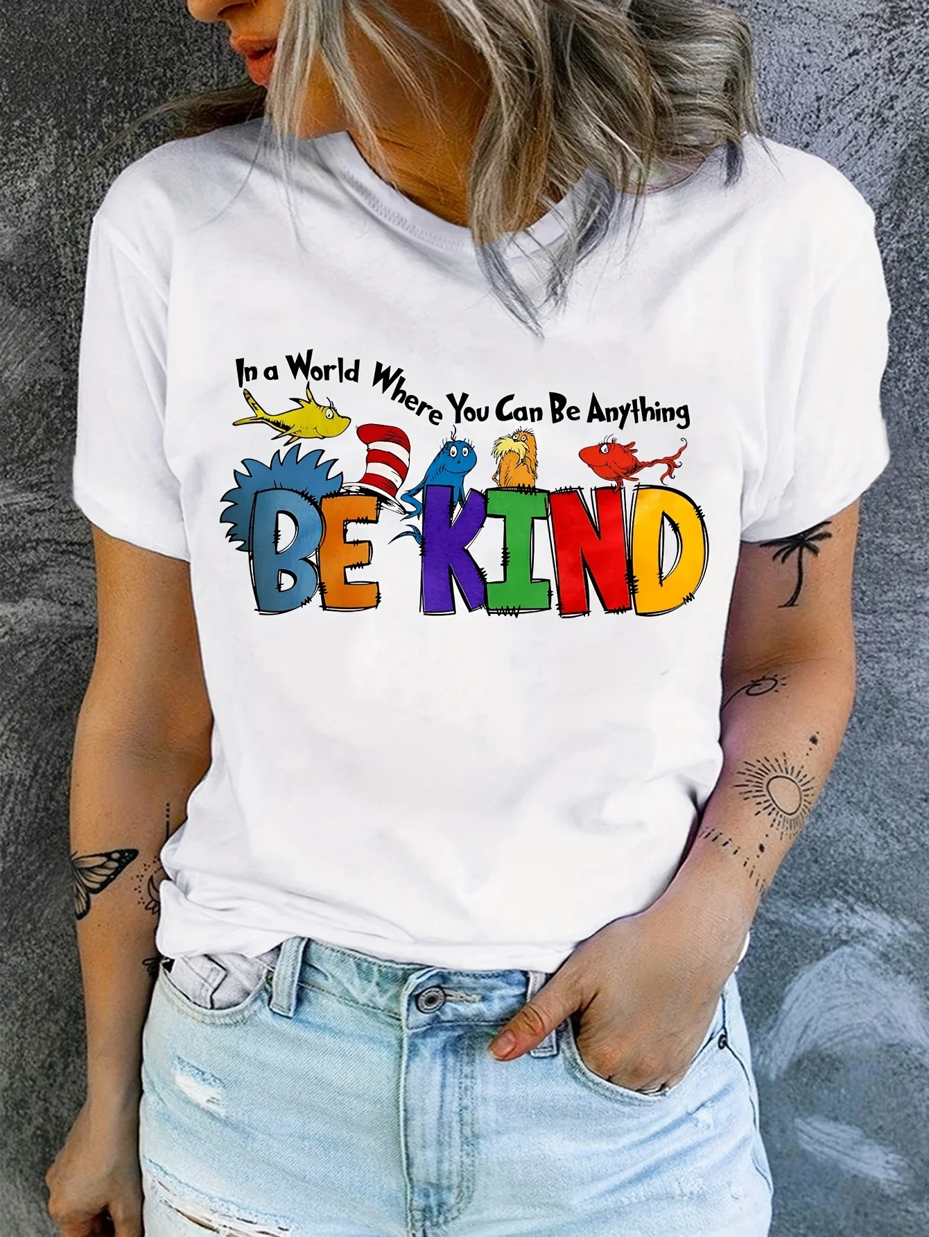 Valentines-Vintage Be Kind Print T-shirt, Short Sleeve, Crew Neck, Casual Top for Summer and Spring, Women's Clothing
