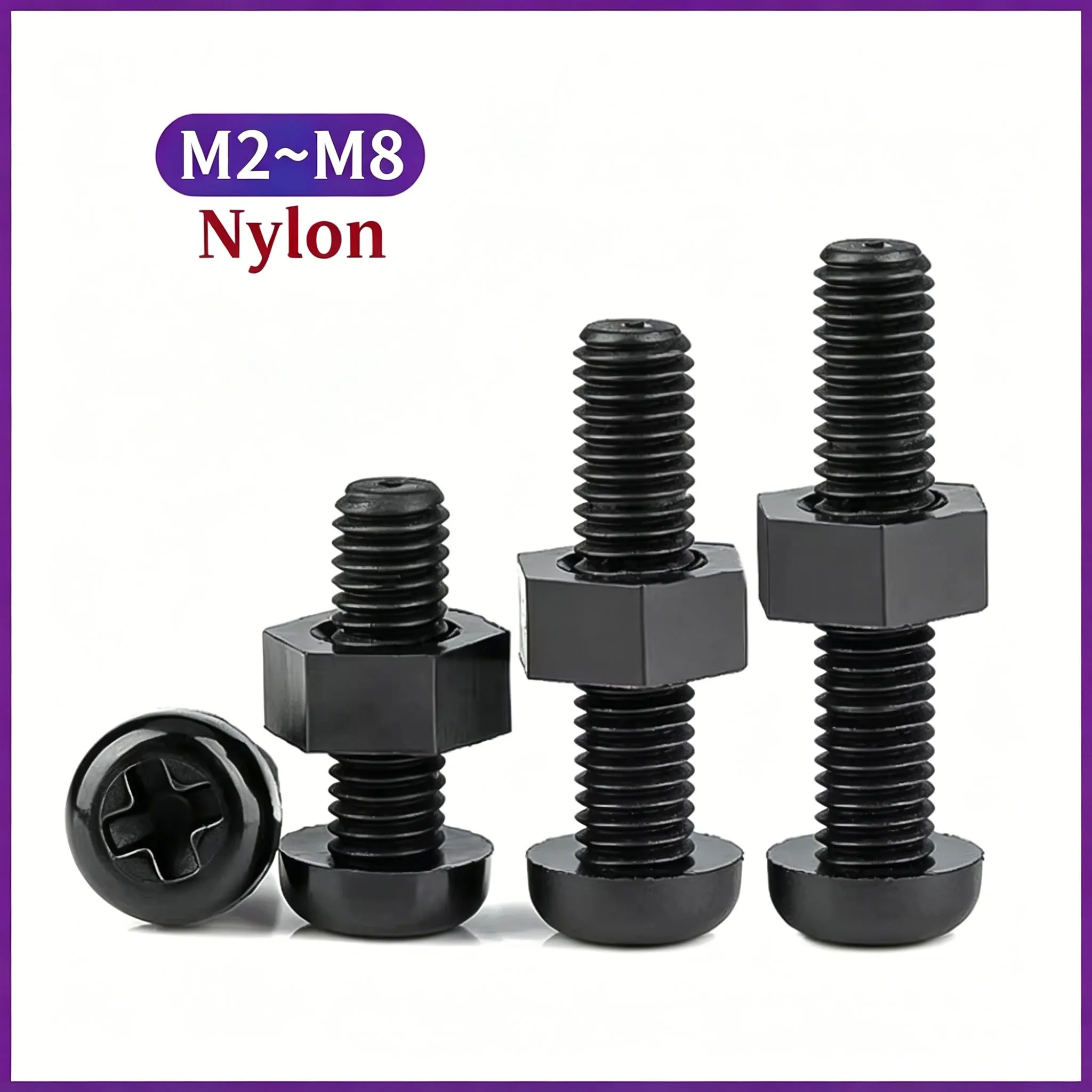 Metric Plastic Fasteners Black Round Head Phillips Screws & Full Hexagon Nuts Kit M2 M2.5 M3 M4 M5 M6 M8