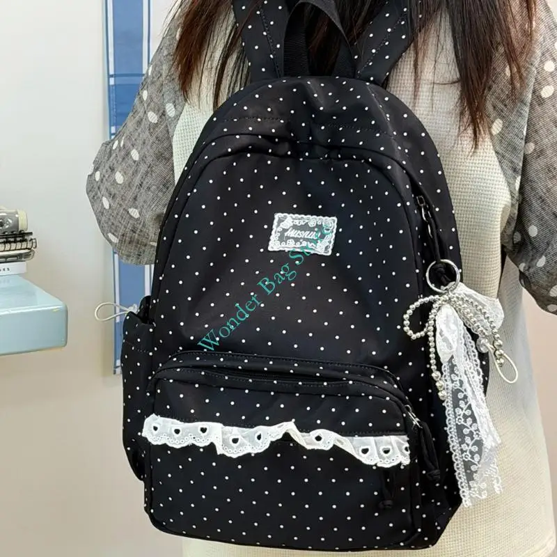 Women Casual Daypack Dotted Laptop Backpack with Trim Accent Student Large Capacity School Bookbag for Travel Daily Wear