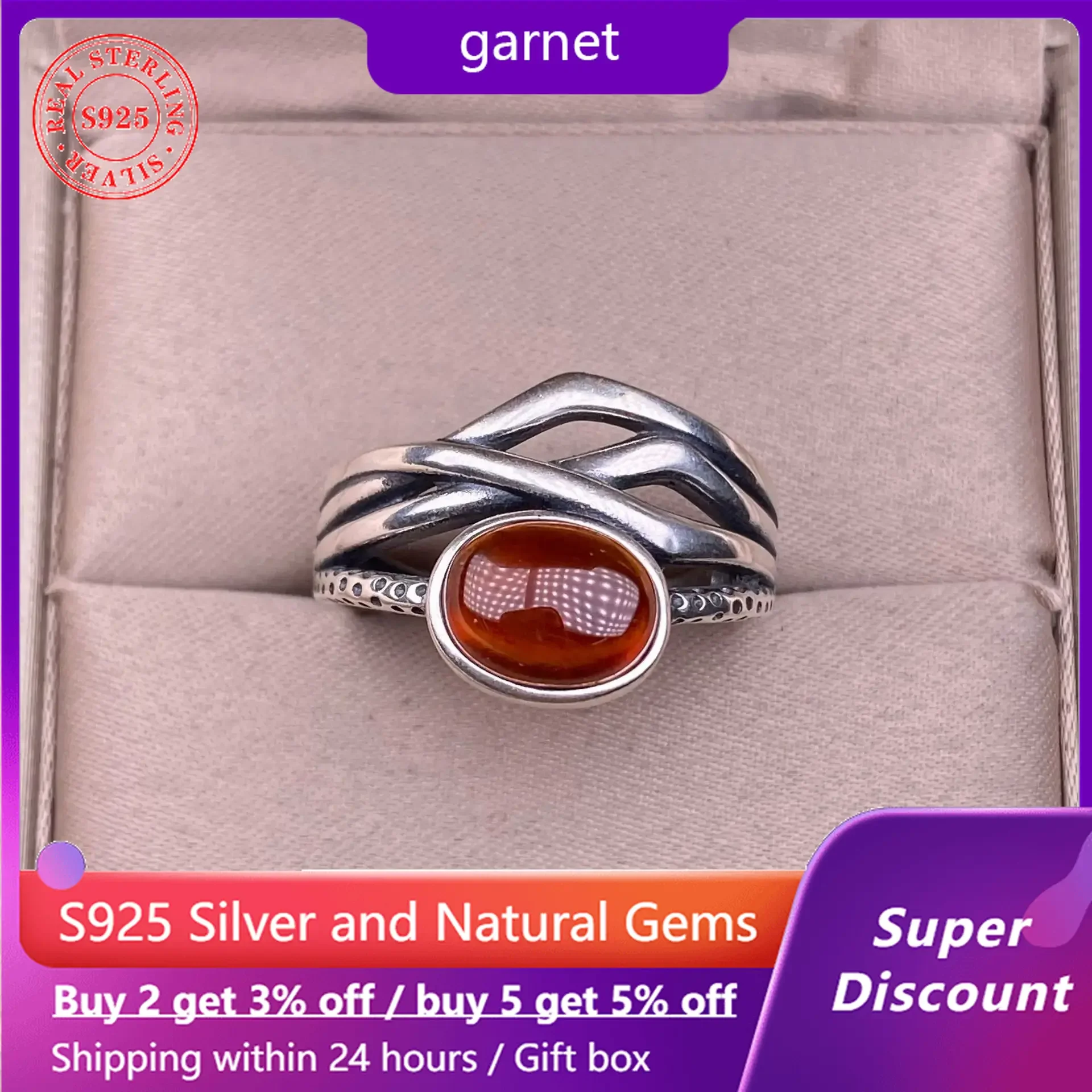 HOYON Garnet Gem Women's Ring 925 Sterling Silver Jewelry Vintage Personalized Men's Ring Wide Ring Colorful Crystal Accessories