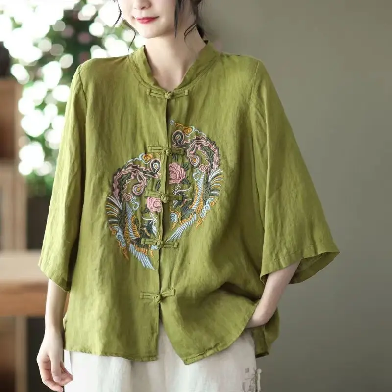 

Women's Spring and Autumn New Vintage Folk Embroidered Cotton Linen Stand Neck Button Loose Size Half Sleeve Cardigan Shirt Tops