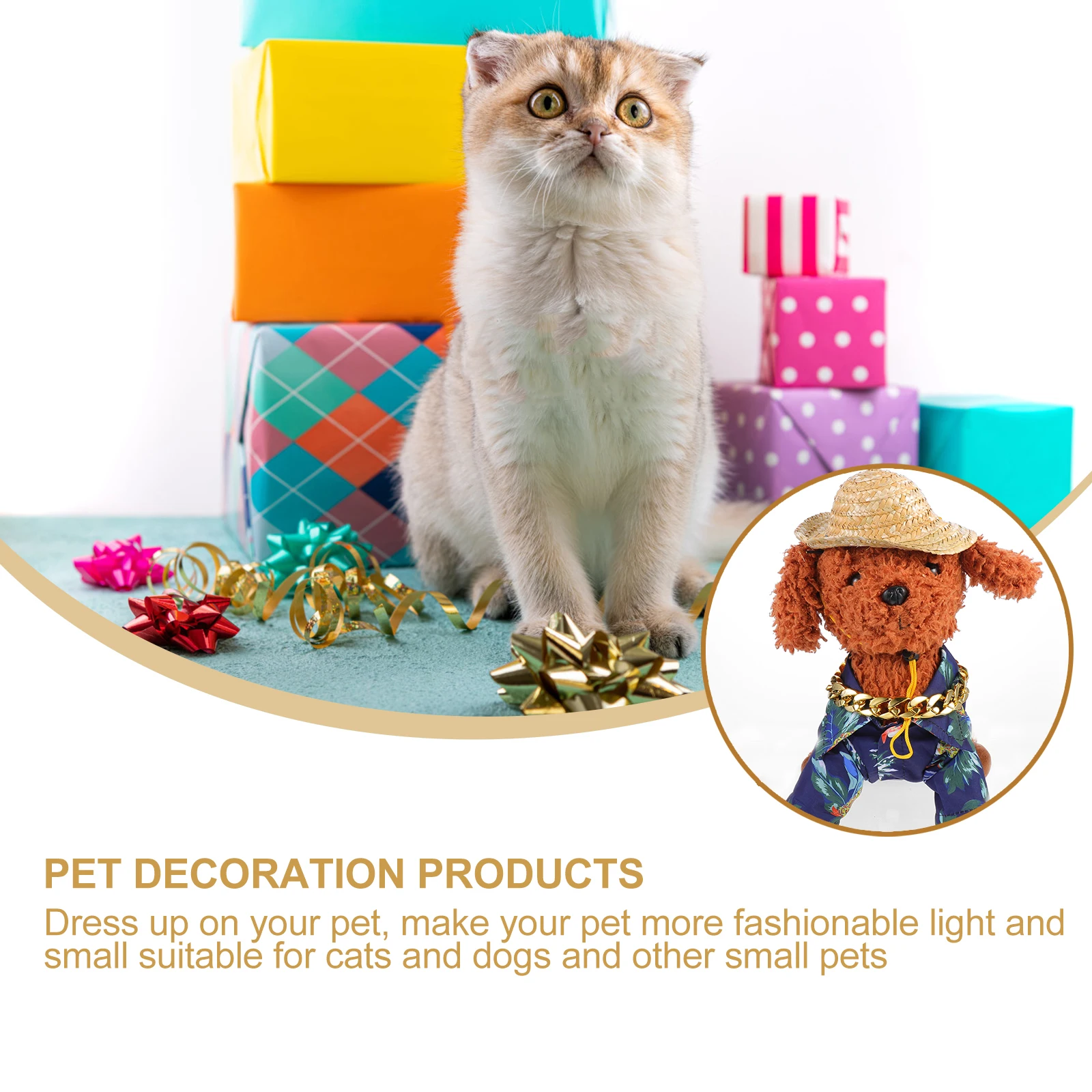 

3pcs Pet Straw Hat Jewelry Set for Dogs Cats Alloy Sunglasses Resin Lens Rustproof Gold Chain Lightweight Outdoor Beach