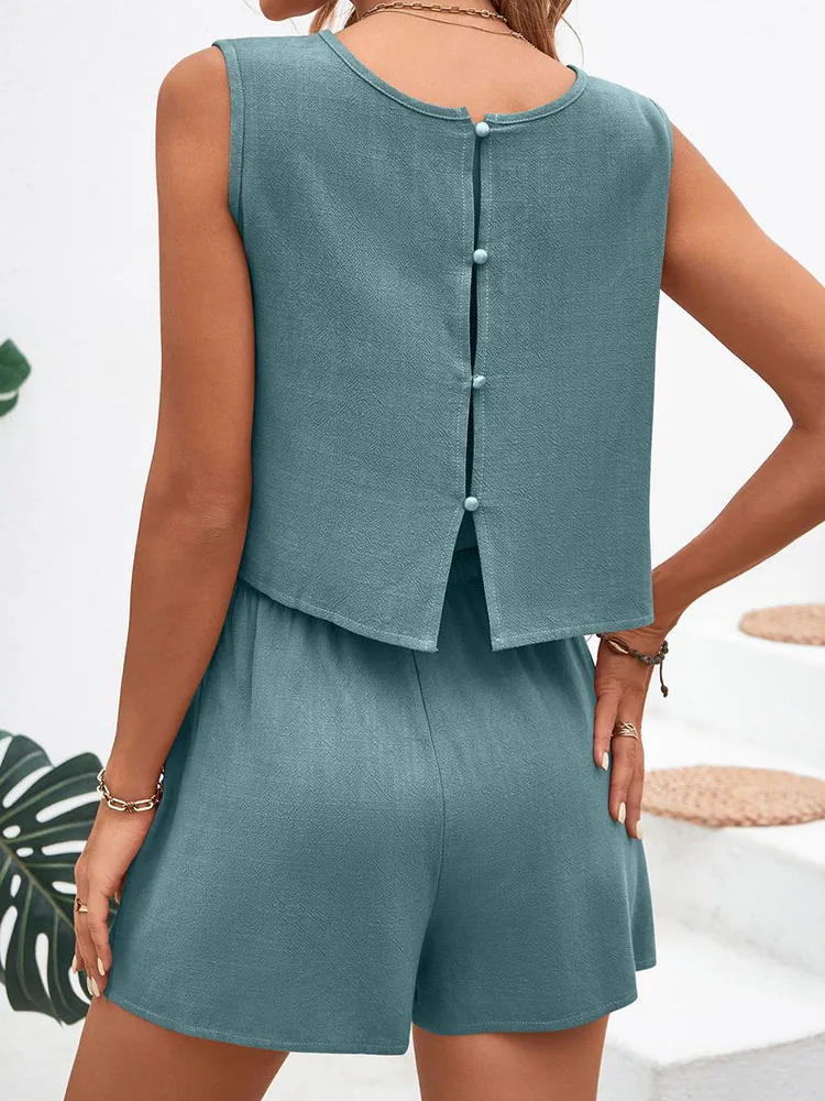 

Womes Fashion Two Piece Set Suit Summer Tank Blouse Drawstring Casual Shorts Loose O-neck Pocket Two Piece Set Suits Women New