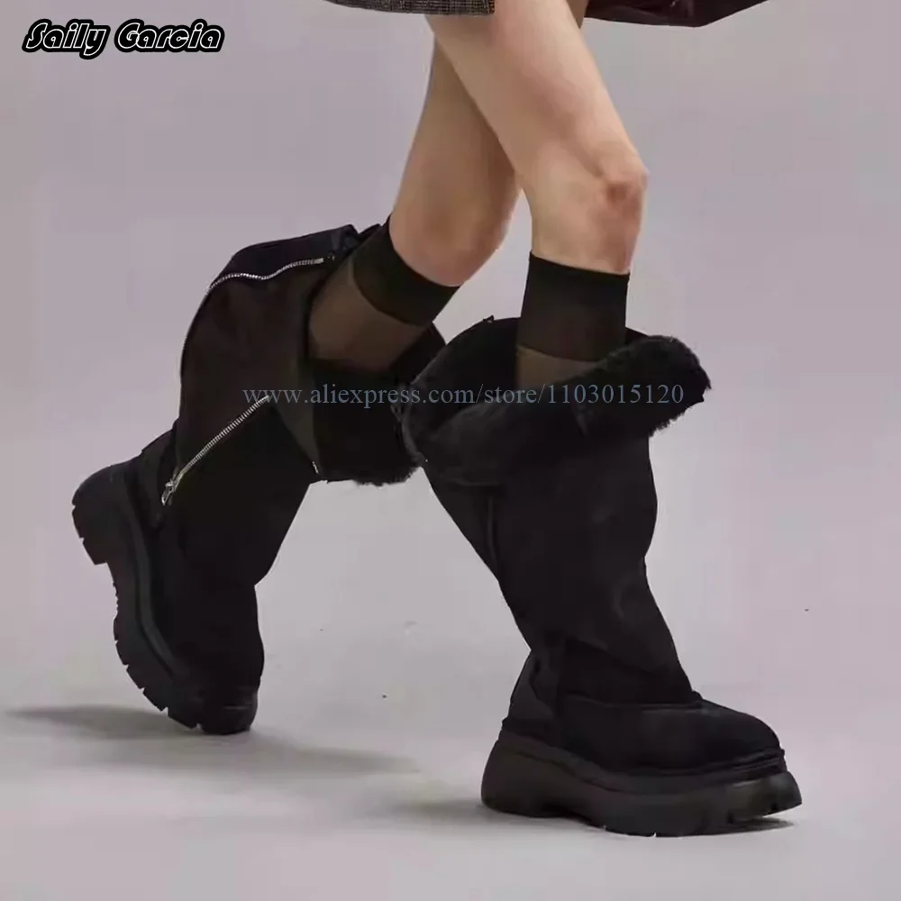 

Короткие плюшевые сапоги до середины икры из овечьей замши с боковой молнией, размер 35–40, сохраняющие тепло сапоги в подиумном стиле, повседневные женские ботинки на платформе с круглым носком