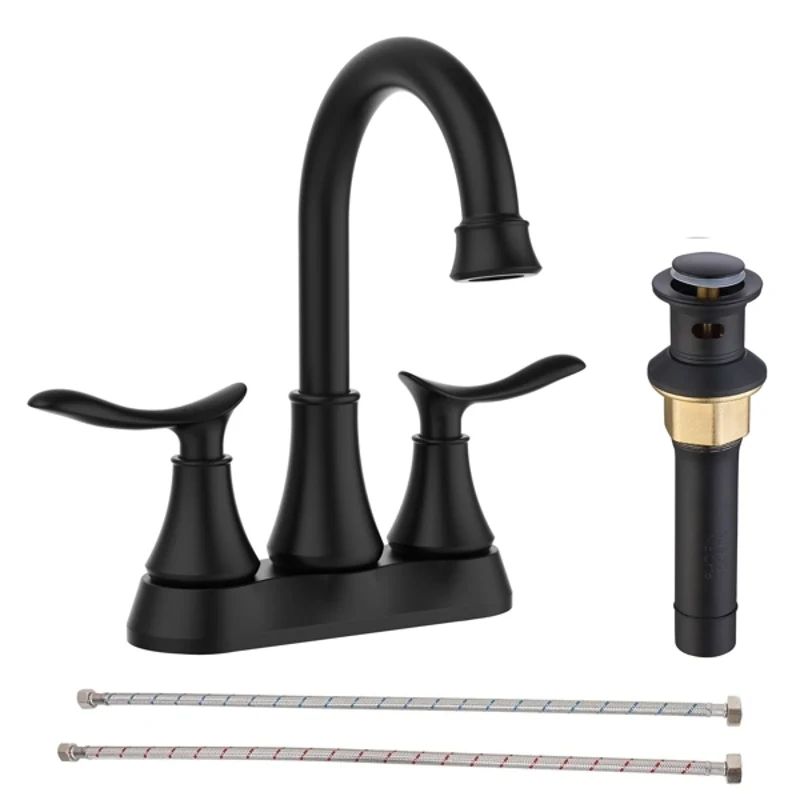 Bathroom Faucet Matt Black with Pop-up Drain & Supply Hoses 2-Handle 360 Degree High Arc Swivel Spout Centerset 6 Inch Vanity