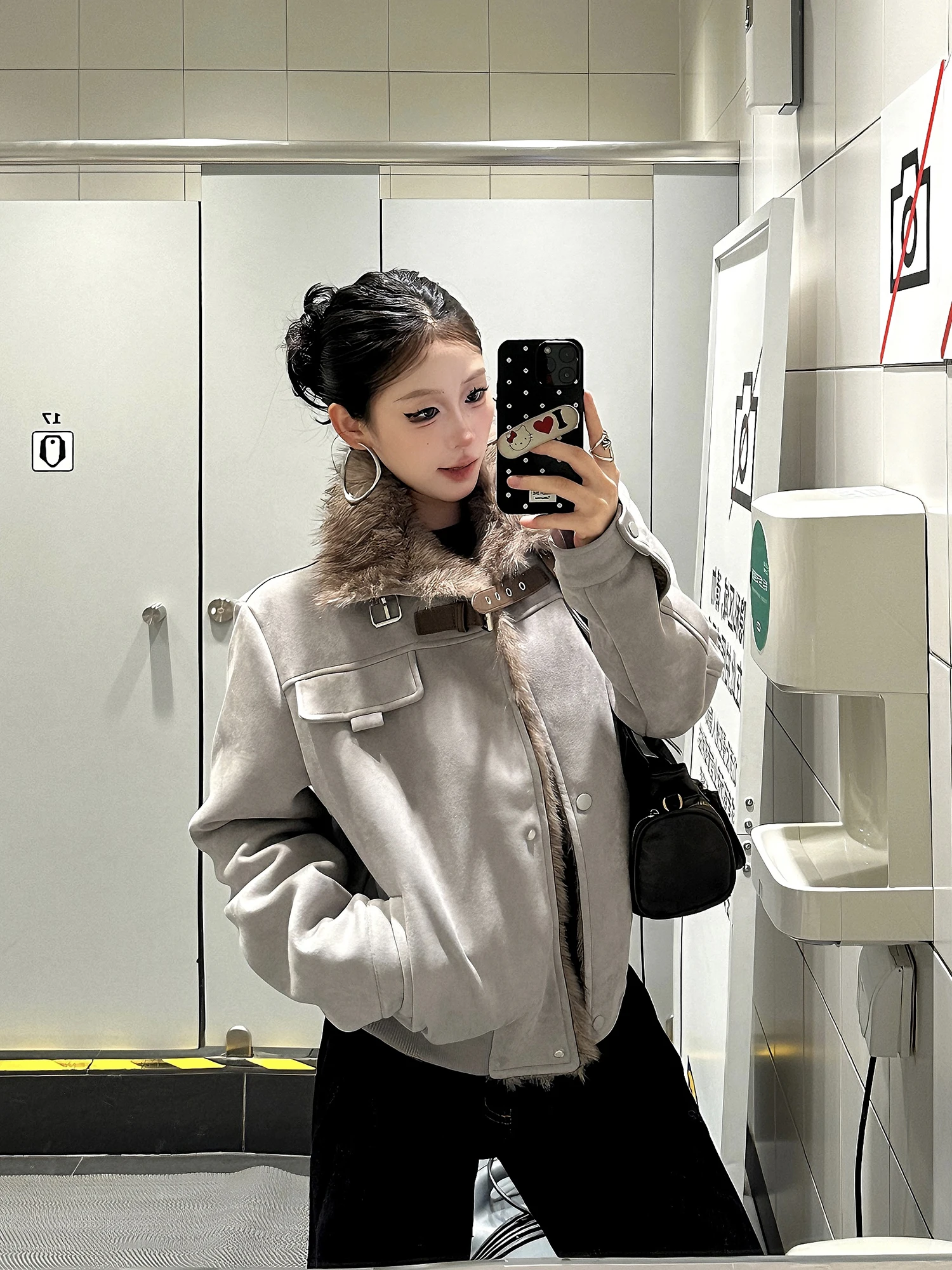 

Thiened Fce Lined Street Sle Jaet воротник-стойка сращивание пар свободный крой теплый байкер Sle ретро американский взрыв сахар