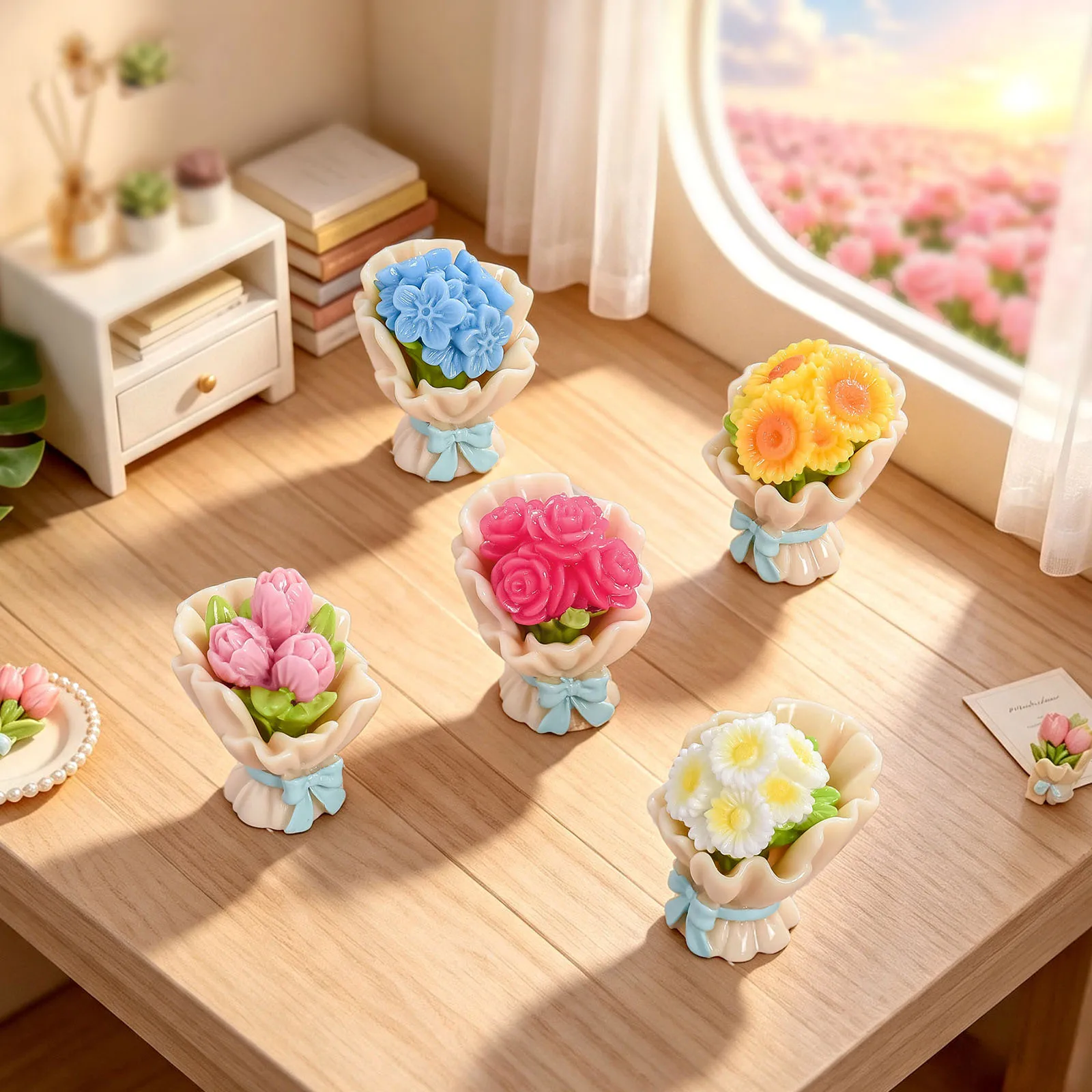 6pcs Cute Mini Resin Flower Potted Plant Rose Tulip DIY Keychain Jewelry Accessories Desktop Ornament Dollhouse Decor Craft