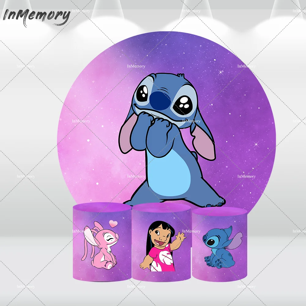 Disney Lilo & Stitch Newborn 1st Birthday Round Circle Backdrops Cover Purple Star Night Baby Shower Background Photo Studio