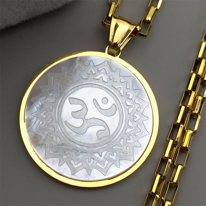 

Classic Mandala Om Pendant Necklace For Women Men Stainless Steel Gold Color Natural Shell Buddhism Hinduism Chain Jewelry Gifts