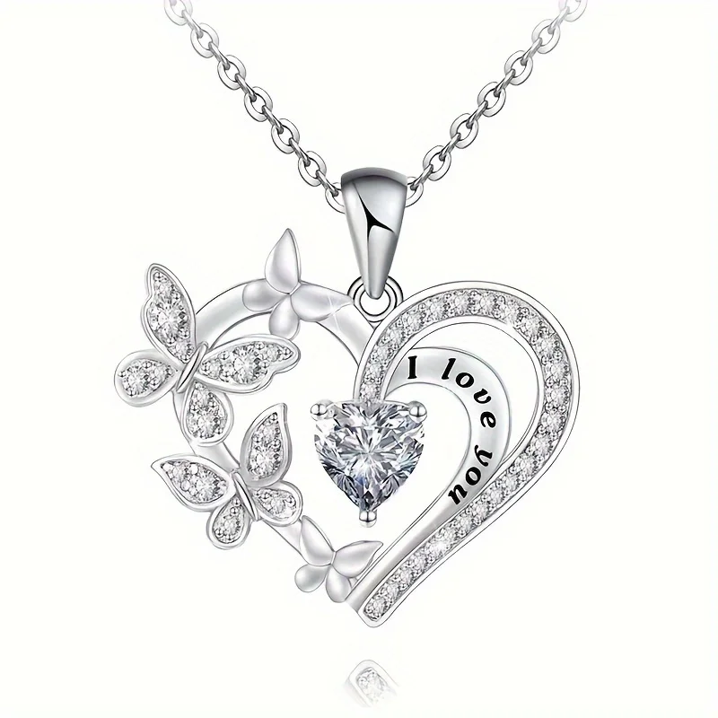 Graceful Heart & Butterfly Rhinestone Necklace - Alloy Love Symbol Pendant for TeensandSpecial Occasions Anniversary Party Gifts