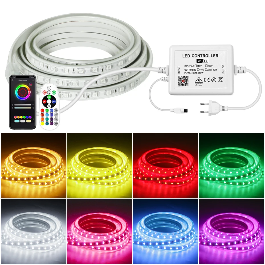 

Smart 220V RGB Led Strip Light 15m 20m 50m 100m WiFi Bluetooth Remote Flexible Led Tape Ribbon Outdoor Room Decoration Lighting