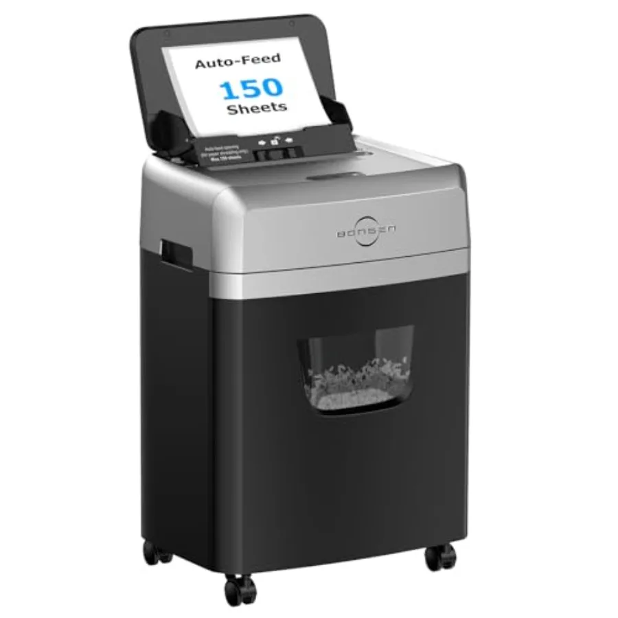 

150-Sheet Autofeed Paper Shredder Heavy Duty 60 Mins Micro-Cut Shredder for Office 6 Gal Large Ccity Bin P-4 High Security Comm