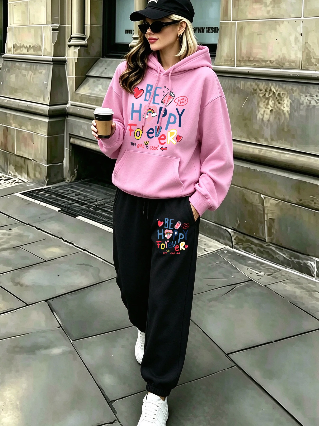 Be Happy Forever Prints Woman Jogging Warm Hoodie Set Casual Pocket Pullover Sport Street Long Pants Autumn Fleece Sweatpants
