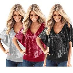 2022 sequins v-neck splicing cotton sexy v-neck shawl sleeve T-shirt shirt joker unlined upper garment