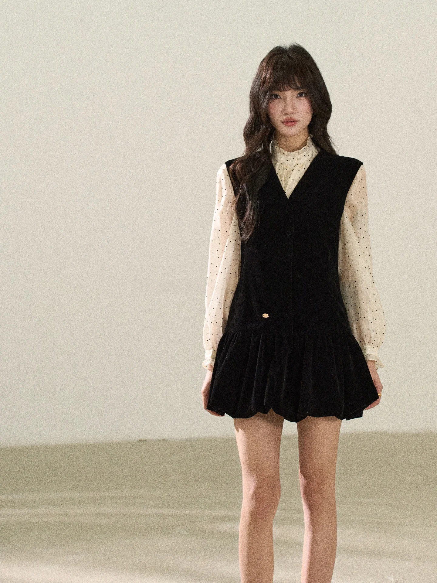 

Bla Velvet Flower Bud Vest Dr Women's Spring Faion Korean Sle Button up Midi Dr Gathered Waist V Ne Long Sve