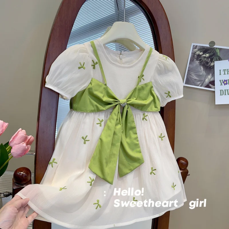 

Girls' Summer Dress Children's Embroidered Mesh Short Sleeve Dress Baby Girl Bow Dress