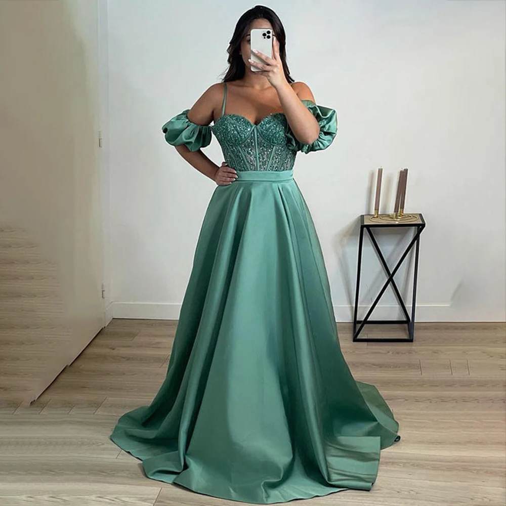 Laxsesu 2022 Green Dubai Prom Dresses With Beading Top Short Sleeves Saudi Arabia A-Line Sweetheart Evening Dresses 2022