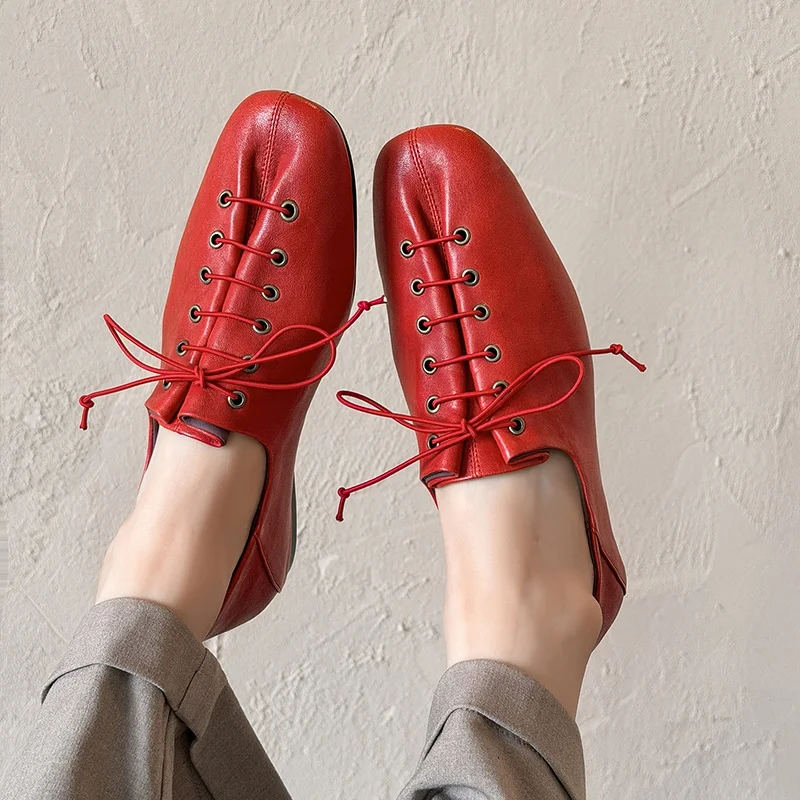 

Women Loafers Cow Leather Mules Spring Summer Casual Shoes Lace Up Ladies Chic Flats Square Toe Golden Silver Footwear