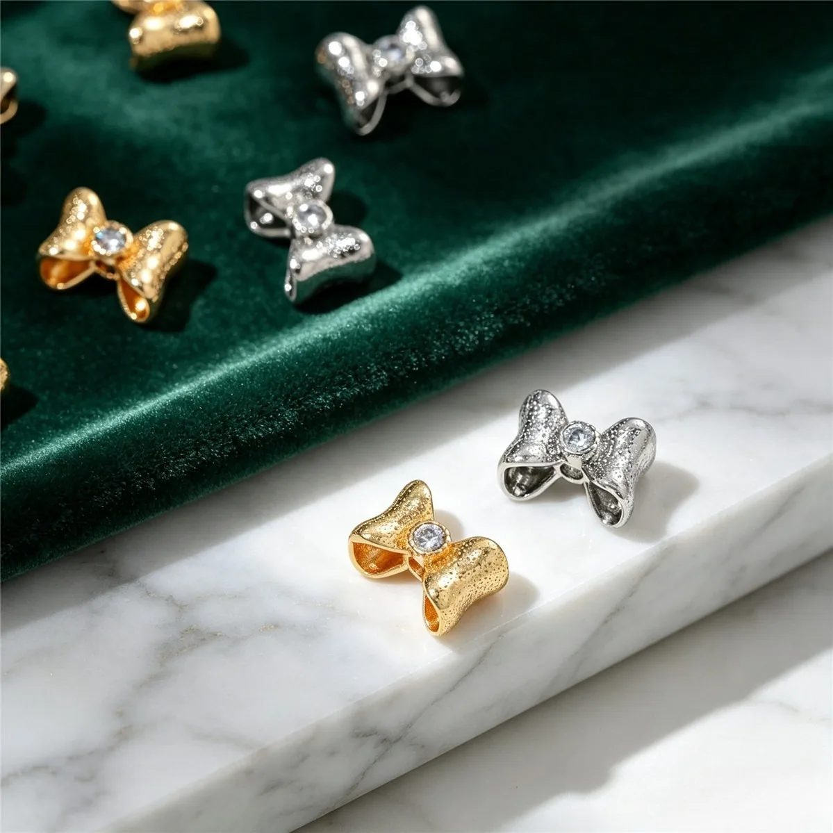 Copper-plated 14K Gold Accessories with Zircon Hammer-pattern Bow Bead Spacer Handmade DIY Crystal String Pearl Jewelry Material