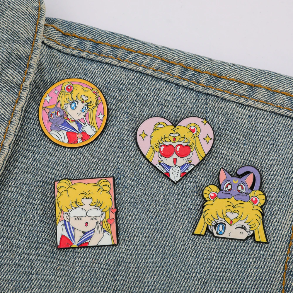 4 piezas de broches de dibujos animados de Sailor Moon, creativos pines de esmalte, insignias de metal, joyería, accesorios para ropa y mochilas, regalo para amigo.