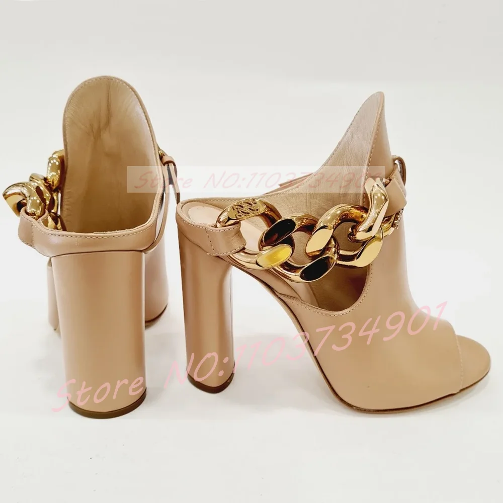 Chunky Heel Open Toe Metal Chain Ankle Boots Women Summer Pull-on Sandals Nude Leather Party High Heels Sandals
