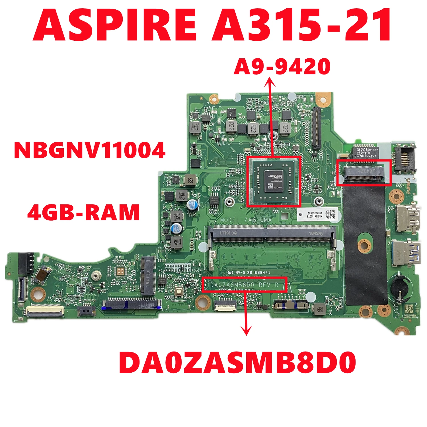 NBGNV11004 Nb. GNV11.004 Voor Acer Aspire A315-21 Laptop Moederbord DA0ZASMB8D0 Moederbord Met A9-9420 Cpu 4GB-RAM 100% Getest Ok