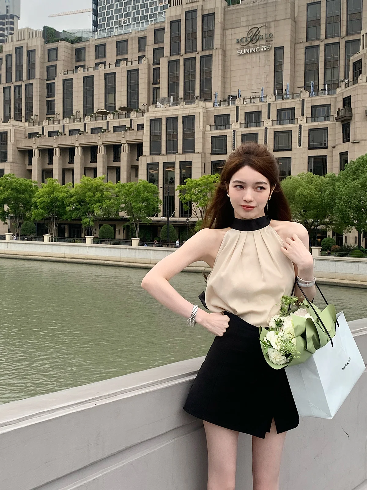 

OnlyNile Summer New High-End Feelings Women's irt Collar Hanging Ne Svel Outwear Ele Lady Sle Pure Color Commute