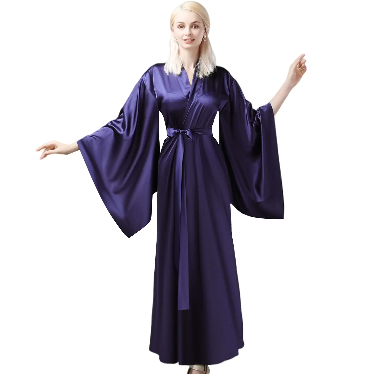 Elegant Elastic Silk Like Satin Bath Robe For Women Gold Side Split Strap High Quality Nightgown Plus Size Same As The Picture