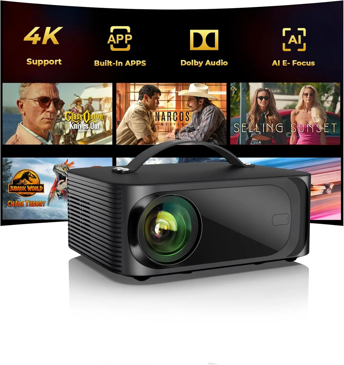 

4K Smart Projector with WiFi, Bluetooth, 2000 ANSI Brightness, Auto Focus, Built-in Apps for Netflix/YouTube