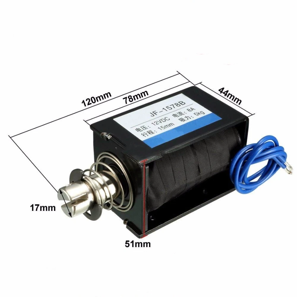 JF-1578B DC24V 5A 12V 8A 15mm Stroke 5kg 50N Force Open Frame Tensile Electric Electromagnet
