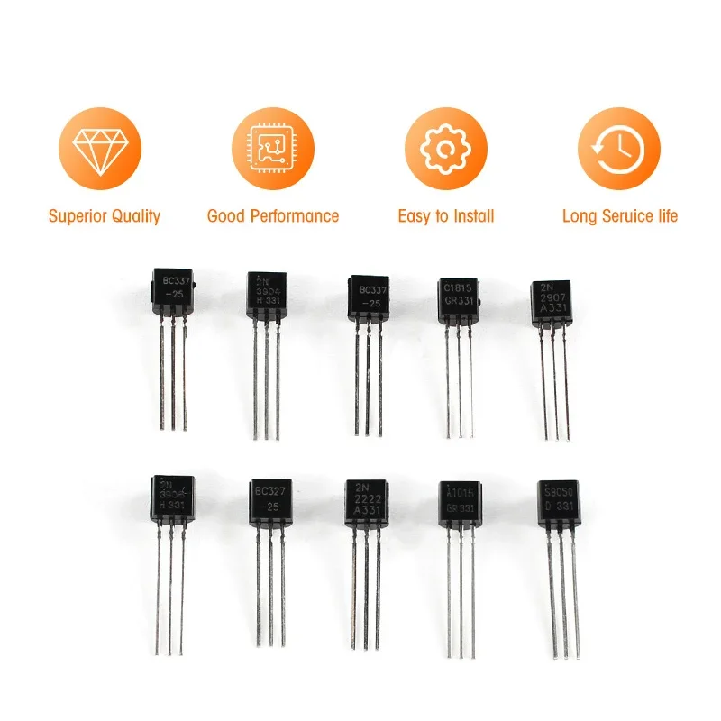 100pcs 10Values Triode Transistor TO-92 BC337 BC327 2N2222 2N2907 2N3904 2N3906 S8050 S8550 A1015 C1815 NPN PNP Transistors Kit