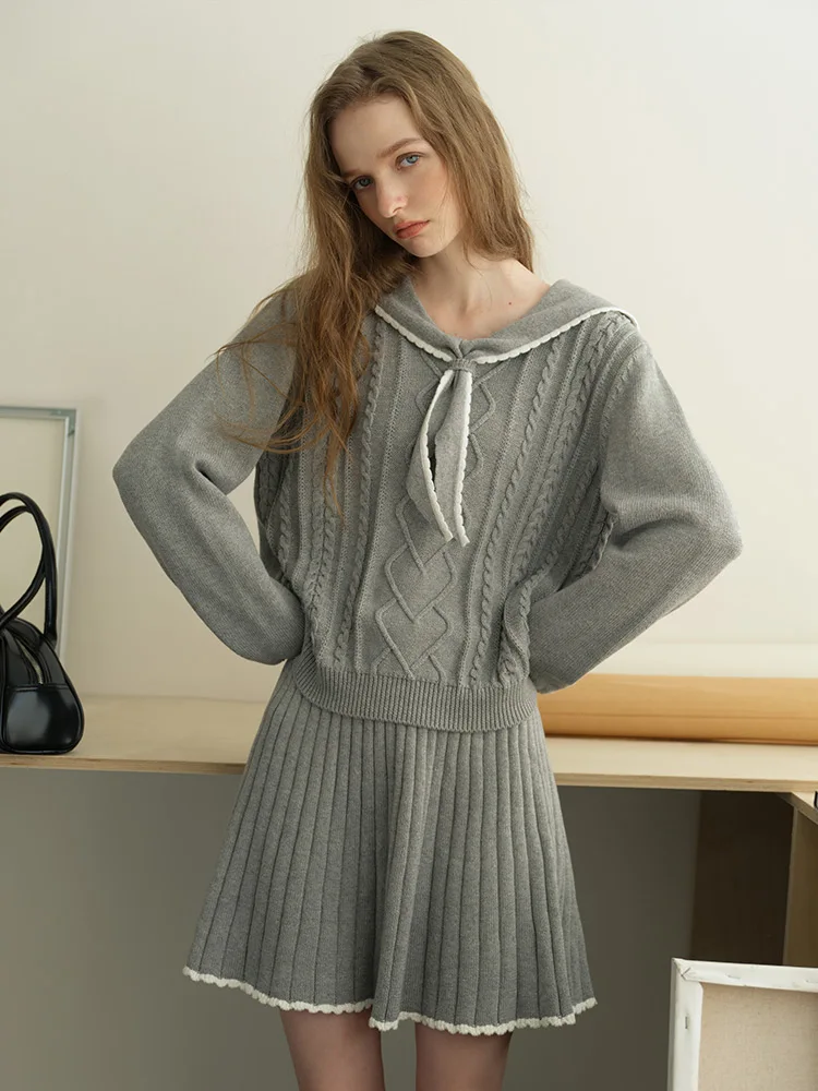Gray Navy Collar Unique Beautiful Small Set Knitted Autumn Half-length Skirt Two-piece Set Women Casual Style Long Sleeve Swe...