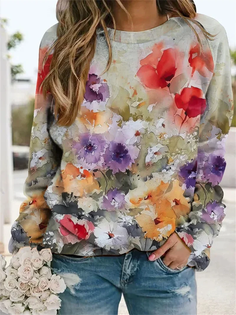 2023 autumn and winter floral loose print casual long-sleeved round neck sweatshirt  Oversize Hoodie Puff Print Hoodie For Women