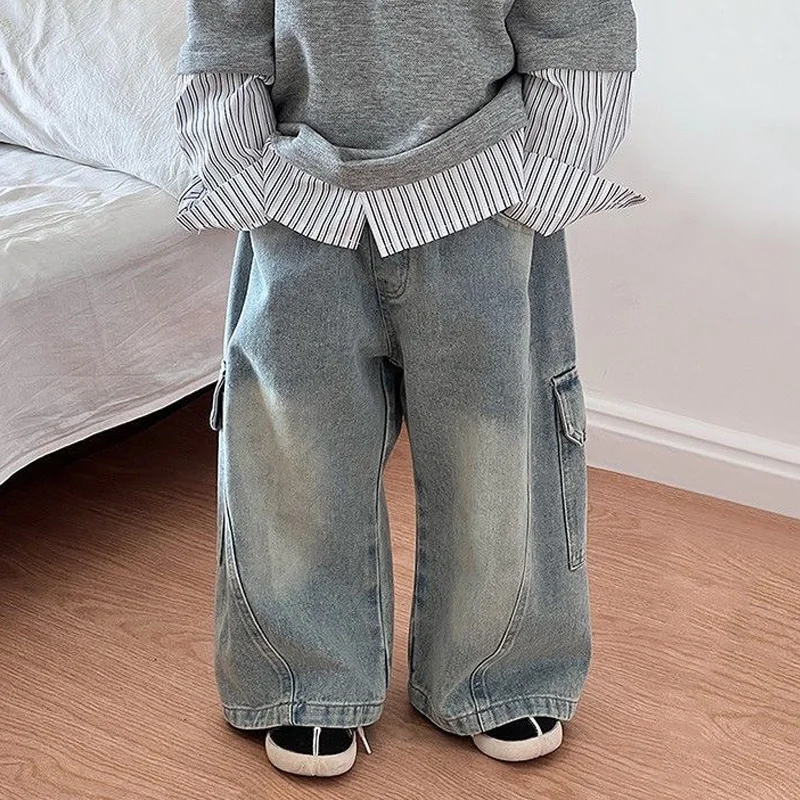Children's Loose Jeans Boys Spring Wide-leg Denim Pants Kids Fashion Autumn Trousers 2026 New Toddler Casual Pants 2-10 Years