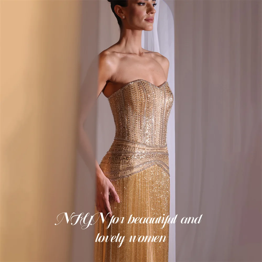 NFYN Golden Prom Dresses Strapless Sleeveless Evening Dresses Glitter Sequin Party Dress Straight Robe De Soirée Customized