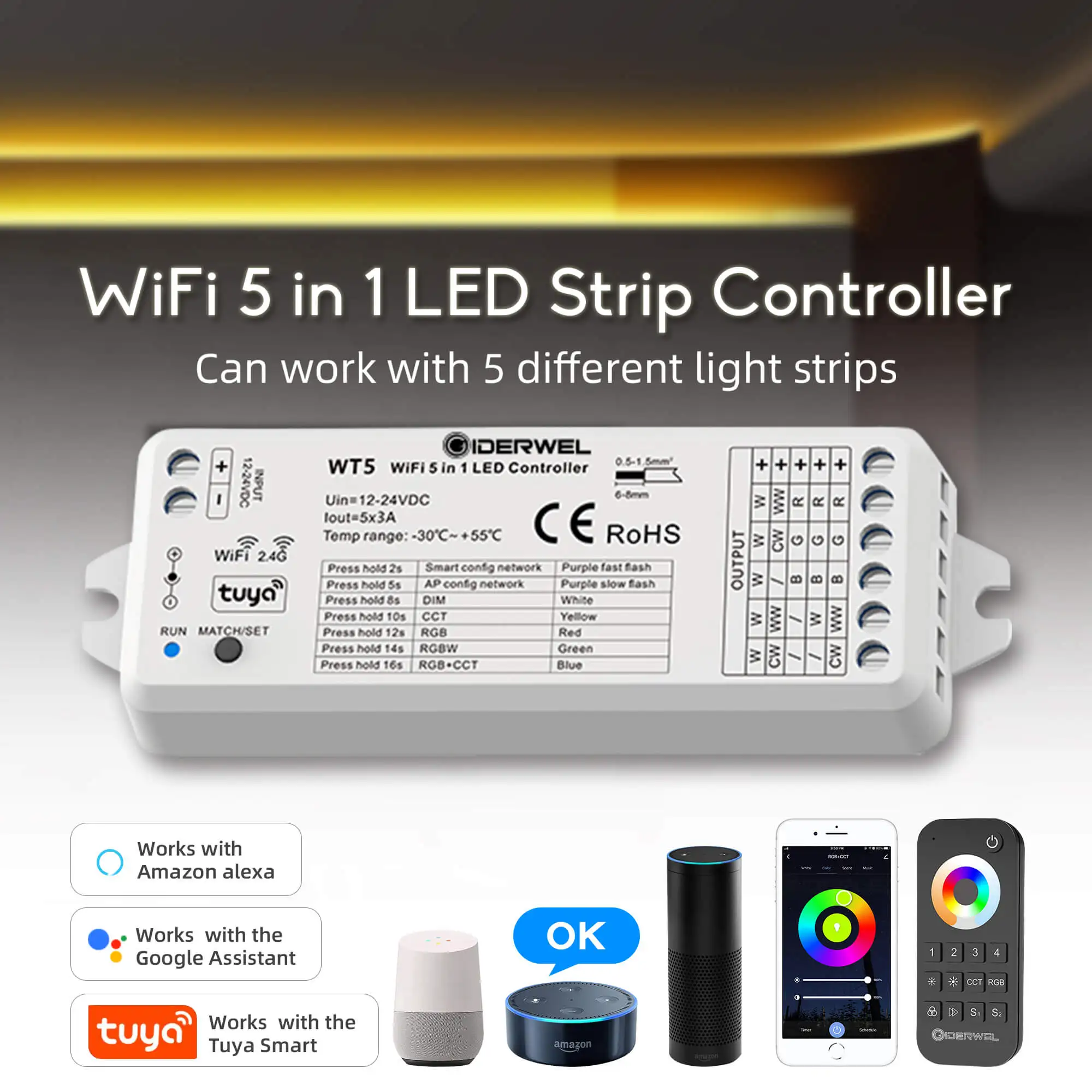 wifi led rgbcct luz tira em dimmer controlador tuya alexa voz nublado 24g rf controle remoto wt5 trabalho com alexa 12v 24v 01