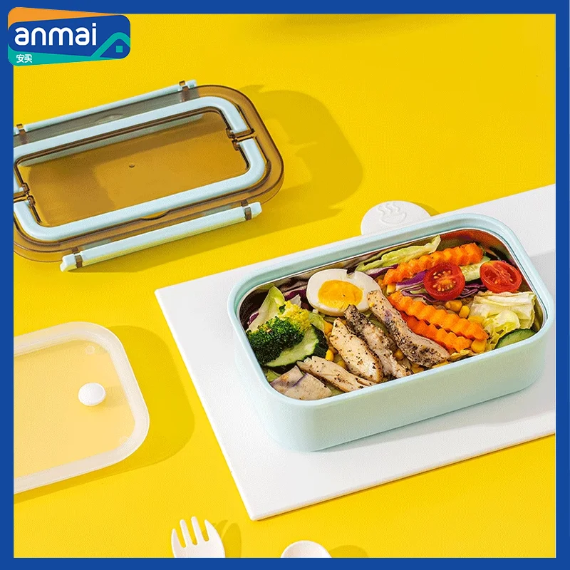 Anmai Lunch Box with Tableware Heat Resistant Anti-scald Bento Box 304 Stainless Steel Detachable Easy Clean Handle Design 800ml