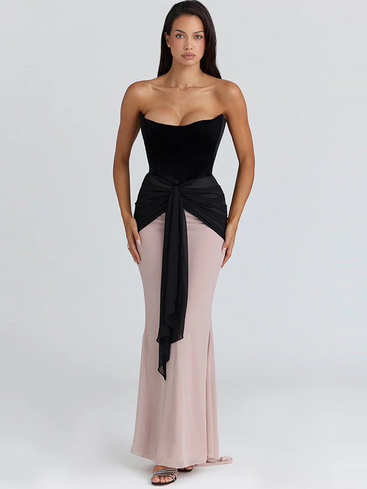 Oniflyme sem mangas retalhos bodycon maxi vestido feminino elegante sem alças sem costas ruched vestidos sexy feminino noite partywear