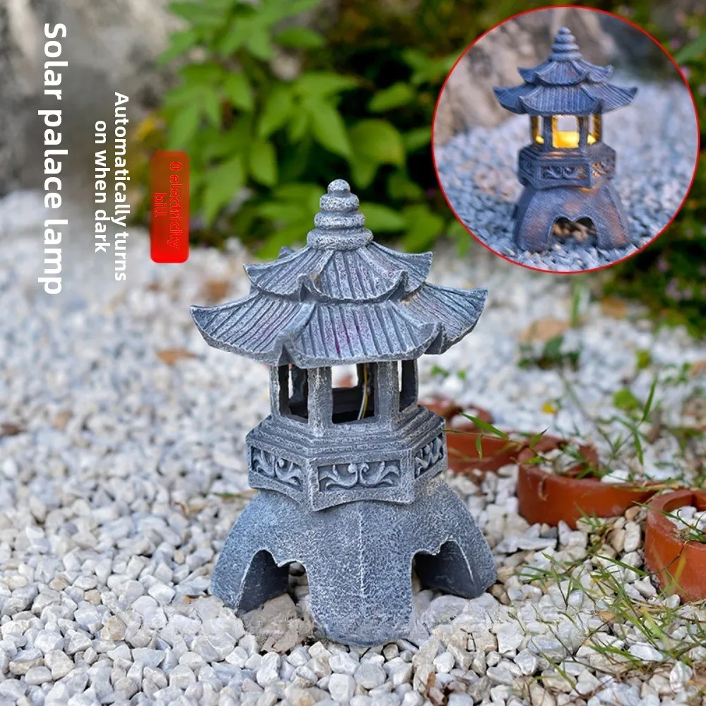 

Solar Powered Lamp Garden Accessories Zen Inspired Tower Sculpture Palace Lantern Chinese Style Stone Pagoda Light Ornament