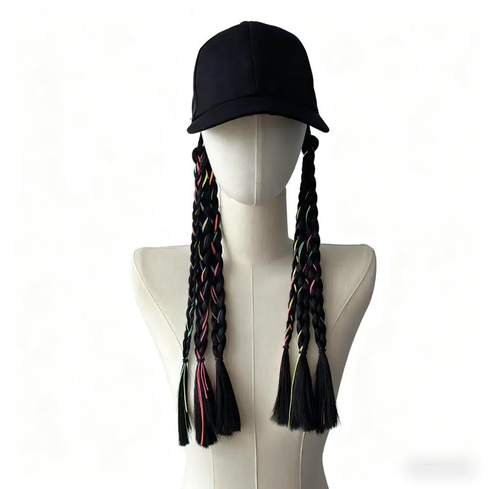 Street leisure, wearing a black hat with a long braid design wig, trendy, personalized and fashionable