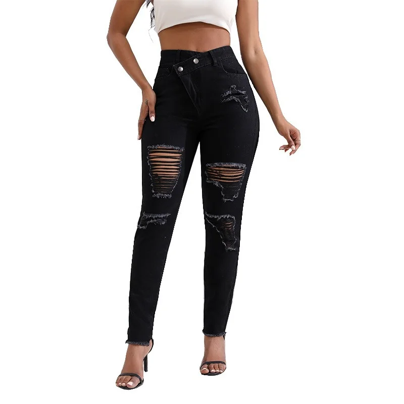 Nowe seksowne damskie z wysokim stanem wąskie porwane jeansy modne spodnie spodnie ołówkowe ze strechu modny czarny legginsy Jeans Plus Size